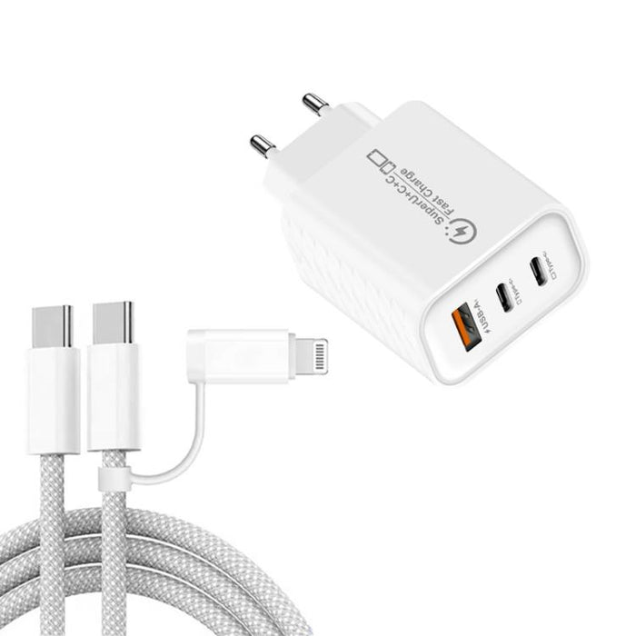 949-2C1A PD25W Tipo-C x 2, Cargador USB 3.0 con cable Tipo-C a Tipo-C / 8 pines, Enchufe europeo, EU Plug + Cable