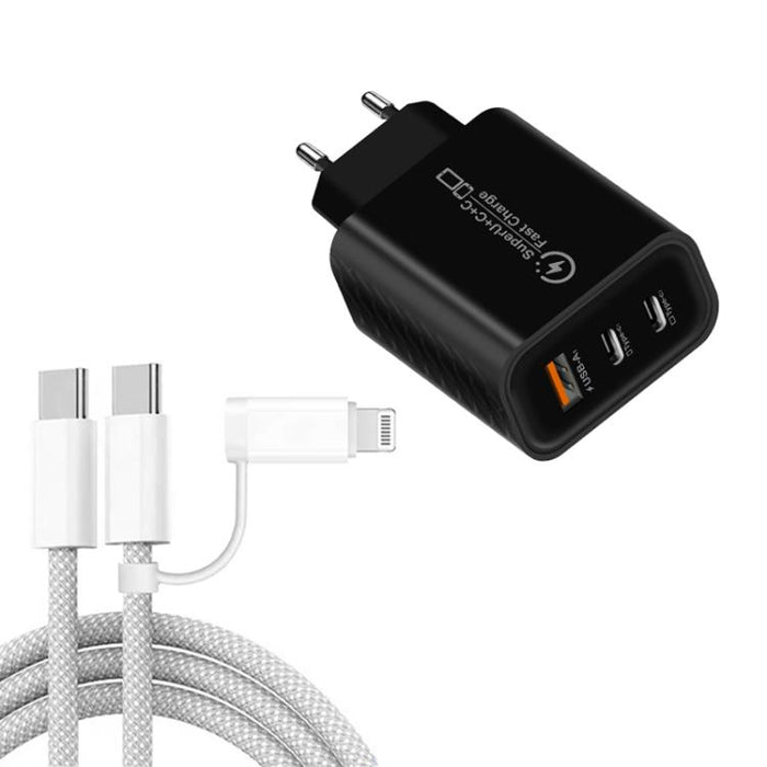 949-2C1A PD25W Tipo-C x 2, Cargador USB 3.0 con cable Tipo-C a Tipo-C / 8 pines, Enchufe europeo, EU Plug + Cable
