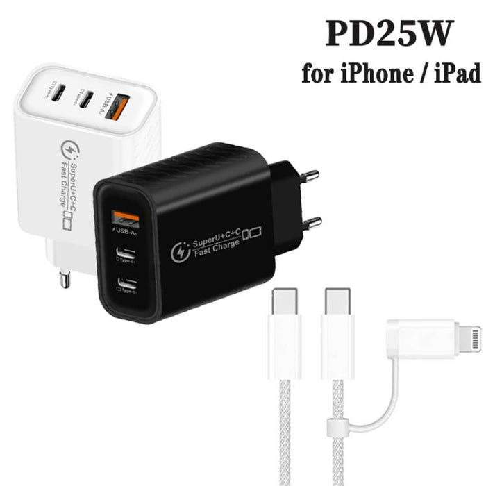 949-2C1A PD25W Tipo-C x 2, Cargador USB 3.0 con cable Tipo-C a Tipo-C / 8 pines, Enchufe europeo, EU Plug + Cable