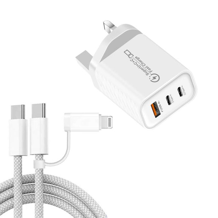 949-2C1A PD25W Tipo-C x 2, Cargador USB 3.0 con cable Tipo-C a Tipo-C / 8 pines, Enchufe británico, UK Plug + Cable