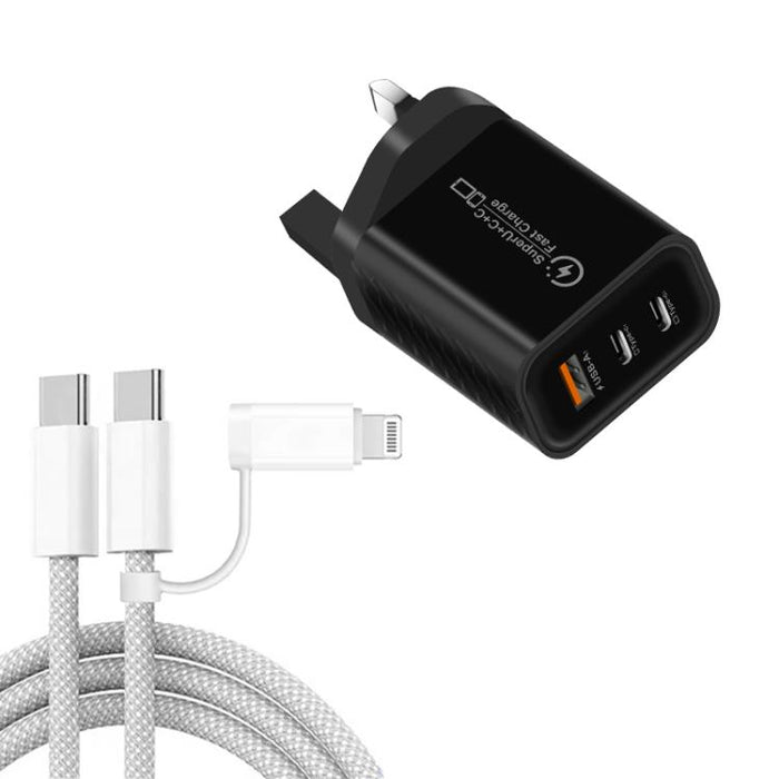 949-2C1A PD25W Tipo-C x 2, Cargador USB 3.0 con cable Tipo-C a Tipo-C / 8 pines, Enchufe británico, UK Plug + Cable