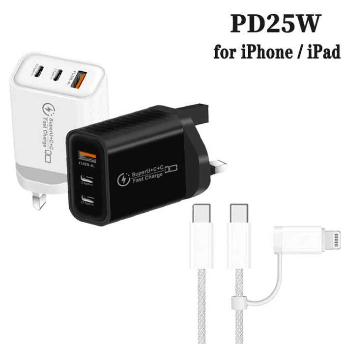949-2C1A PD25W Tipo-C x 2, Cargador USB 3.0 con cable Tipo-C a Tipo-C / 8 pines, Enchufe británico, UK Plug + Cable
