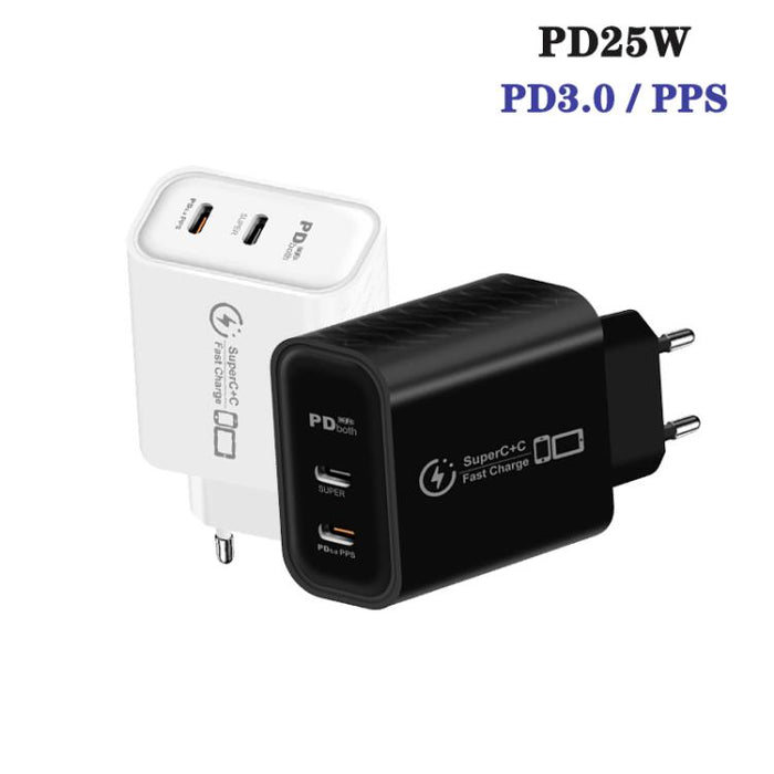 Cargador dual USB-C PD25W 949-2C compatible con protocolo PD3.0 / PPS, enchufe europeo., EU Plug