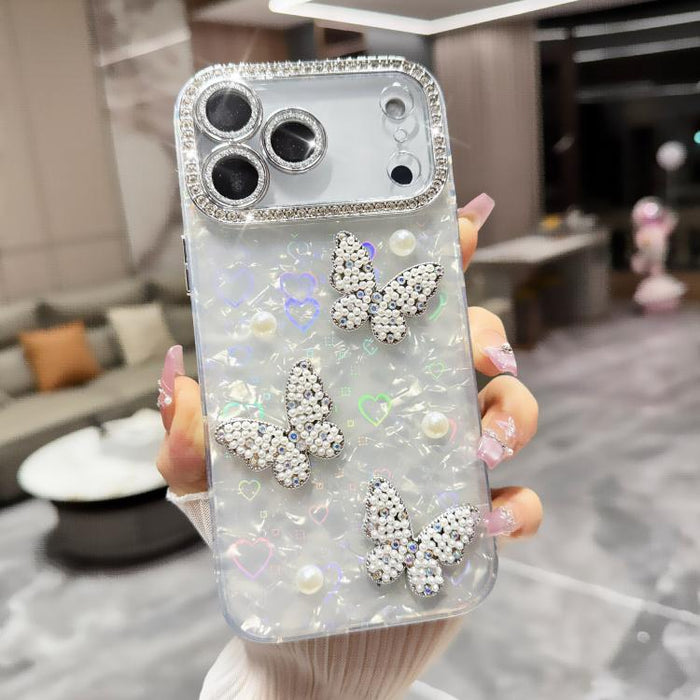 Funda para teléfono con textura de concha, mariposa de perlas 3D y purpurina de diamantes, For iPhone 17 Pro Max, For iPhone 16 Pro Max, For iPhone 17 Pro, For iPhone 16 Pro, For iPhone Air, For iPhone 16 Plus, For iPhone 16, For iPhone 15 Pro Max     ...