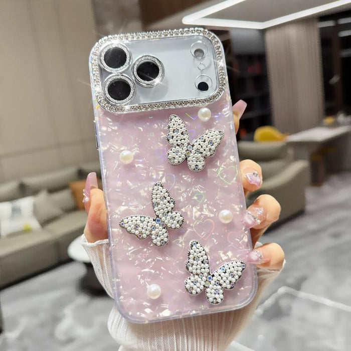 Funda para teléfono con textura de concha, mariposa de perlas 3D y purpurina de diamantes, For iPhone 17 Pro Max, For iPhone 16 Pro Max, For iPhone 17 Pro, For iPhone 16 Pro, For iPhone Air, For iPhone 16 Plus, For iPhone 16, For iPhone 15 Pro Max     ...