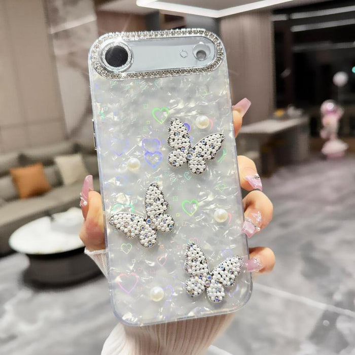Funda para teléfono con textura de concha, mariposa de perlas 3D y purpurina de diamantes, For iPhone 17 Pro Max, For iPhone 16 Pro Max, For iPhone 17 Pro, For iPhone 16 Pro, For iPhone Air, For iPhone 16 Plus, For iPhone 16, For iPhone 15 Pro Max     ...