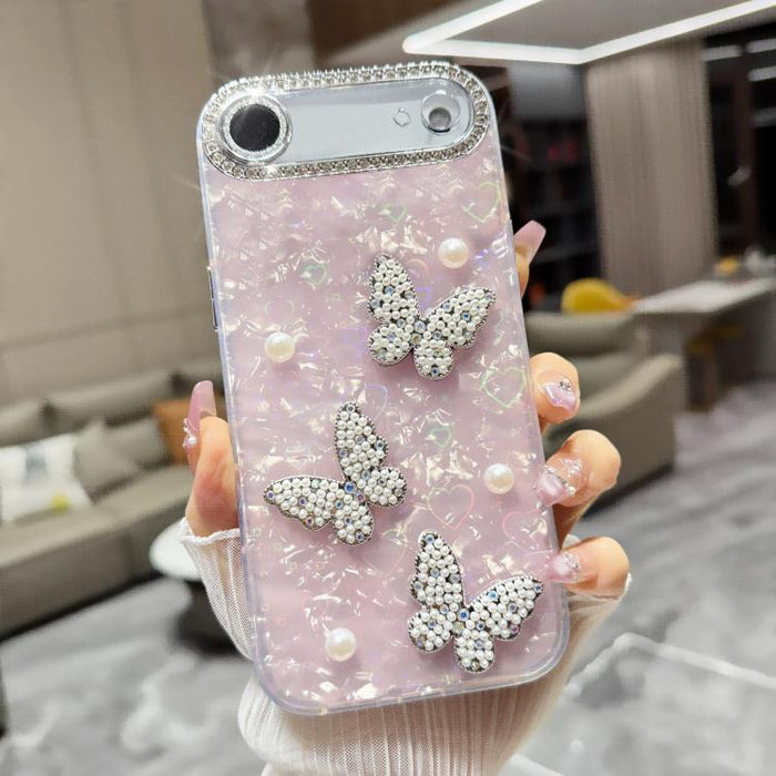Funda para teléfono con textura de concha, mariposa de perlas 3D y purpurina de diamantes, For iPhone 17 Pro Max, For iPhone 16 Pro Max, For iPhone 17 Pro, For iPhone 16 Pro, For iPhone Air, For iPhone 16 Plus, For iPhone 16, For iPhone 15 Pro Max     ...