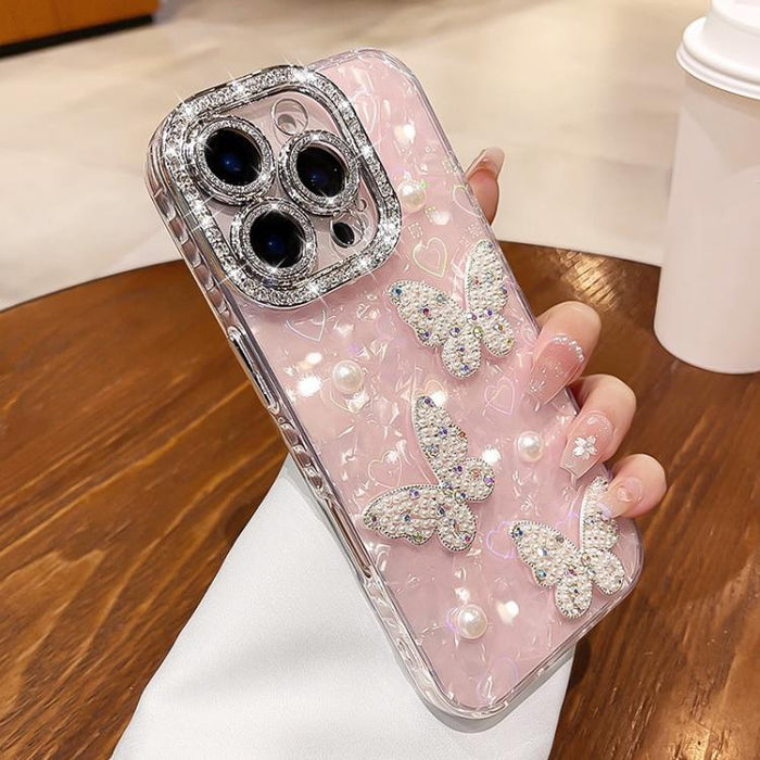 Funda para teléfono con textura de concha, mariposa de perlas 3D y purpurina de diamantes, For iPhone 17 Pro Max, For iPhone 16 Pro Max, For iPhone 17 Pro, For iPhone 16 Pro, For iPhone Air, For iPhone 16 Plus, For iPhone 16, For iPhone 15 Pro Max     ...