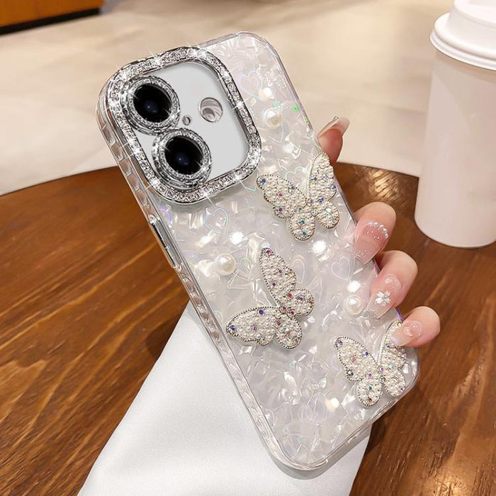 Funda para teléfono con textura de concha, mariposa de perlas 3D y purpurina de diamantes, For iPhone 17 Pro Max, For iPhone 16 Pro Max, For iPhone 17 Pro, For iPhone 16 Pro, For iPhone Air, For iPhone 16 Plus, For iPhone 16, For iPhone 15 Pro Max     ...