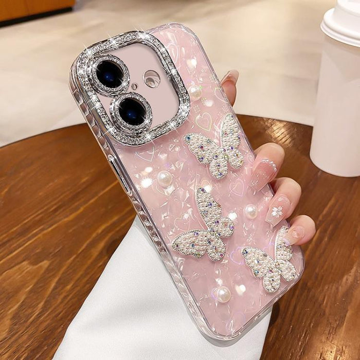 Funda para teléfono con textura de concha, mariposa de perlas 3D y purpurina de diamantes, For iPhone 17 Pro Max, For iPhone 16 Pro Max, For iPhone 17 Pro, For iPhone 16 Pro, For iPhone Air, For iPhone 16 Plus, For iPhone 16, For iPhone 15 Pro Max     ...