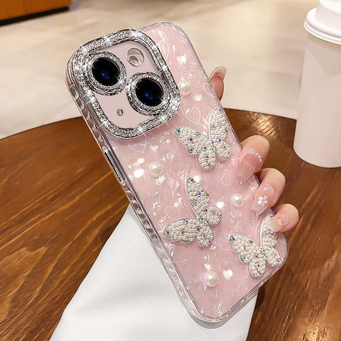 Funda para teléfono con textura de concha, mariposa de perlas 3D y purpurina de diamantes, For iPhone 17 Pro Max, For iPhone 16 Pro Max, For iPhone 17 Pro, For iPhone 16 Pro, For iPhone Air, For iPhone 16 Plus, For iPhone 16, For iPhone 15 Pro Max     ...