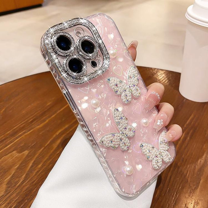 Funda para teléfono con textura de concha, mariposa de perlas 3D y purpurina de diamantes, For iPhone 17 Pro Max, For iPhone 16 Pro Max, For iPhone 17 Pro, For iPhone 16 Pro, For iPhone Air, For iPhone 16 Plus, For iPhone 16, For iPhone 15 Pro Max     ...