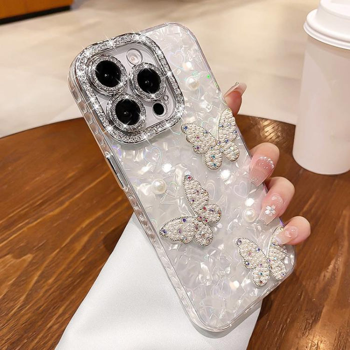 Funda para teléfono con textura de concha, mariposa de perlas 3D y purpurina de diamantes, For iPhone 17 Pro Max, For iPhone 16 Pro Max, For iPhone 17 Pro, For iPhone 16 Pro, For iPhone Air, For iPhone 16 Plus, For iPhone 16, For iPhone 15 Pro Max     ...