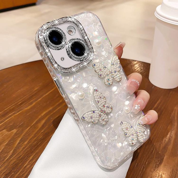 Funda para teléfono con textura de concha, mariposa de perlas 3D y purpurina de diamantes, For iPhone 17 Pro Max, For iPhone 16 Pro Max, For iPhone 17 Pro, For iPhone 16 Pro, For iPhone Air, For iPhone 16 Plus, For iPhone 16, For iPhone 15 Pro Max     ...