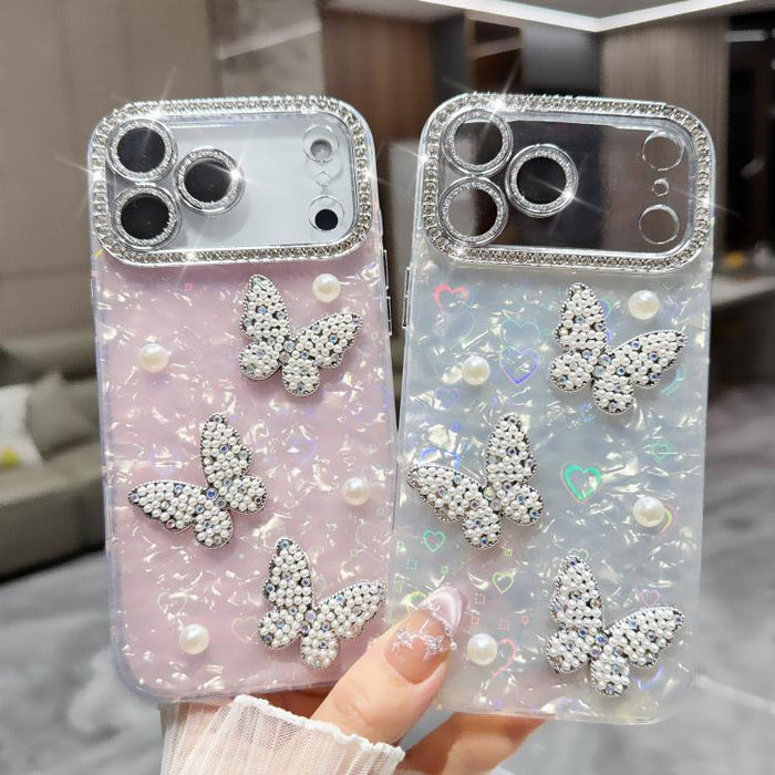 Funda para teléfono con textura de concha, mariposa de perlas 3D y purpurina de diamantes, For iPhone 17 Pro Max, For iPhone 16 Pro Max, For iPhone 17 Pro, For iPhone 16 Pro, For iPhone Air, For iPhone 16 Plus, For iPhone 16, For iPhone 15 Pro Max     ...