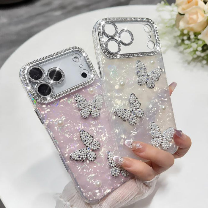 Funda para teléfono con textura de concha, mariposa de perlas 3D y purpurina de diamantes, For iPhone 17 Pro Max, For iPhone 16 Pro Max, For iPhone 17 Pro, For iPhone 16 Pro, For iPhone Air, For iPhone 16 Plus, For iPhone 16, For iPhone 15 Pro Max     ...