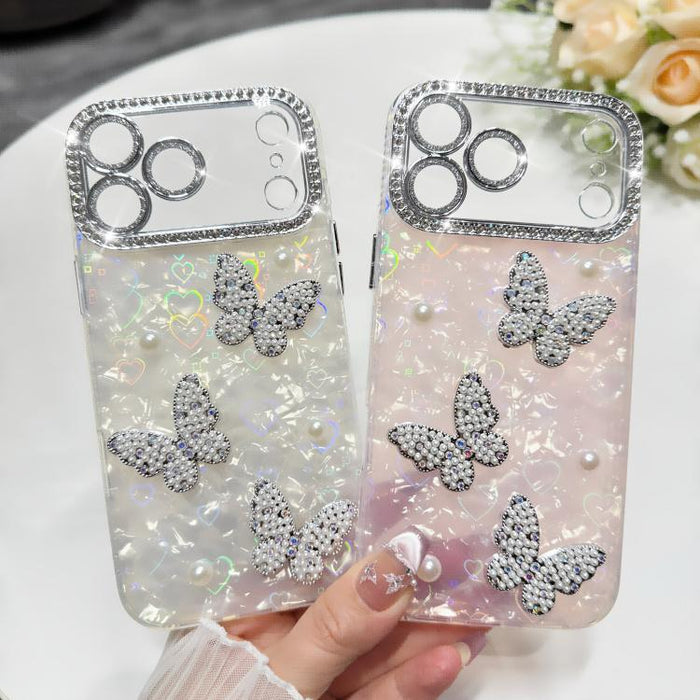 Funda para teléfono con textura de concha, mariposa de perlas 3D y purpurina de diamantes, For iPhone 17 Pro Max, For iPhone 16 Pro Max, For iPhone 17 Pro, For iPhone 16 Pro, For iPhone Air, For iPhone 16 Plus, For iPhone 16, For iPhone 15 Pro Max     ...