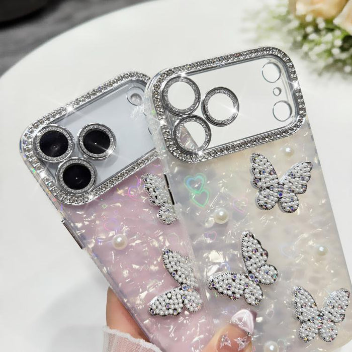 Funda para teléfono con textura de concha, mariposa de perlas 3D y purpurina de diamantes, For iPhone 17 Pro Max, For iPhone 16 Pro Max, For iPhone 17 Pro, For iPhone 16 Pro, For iPhone Air, For iPhone 16 Plus, For iPhone 16, For iPhone 15 Pro Max     ...