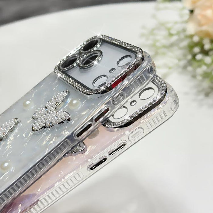 Funda para teléfono con textura de concha, mariposa de perlas 3D y purpurina de diamantes, For iPhone 17 Pro Max, For iPhone 16 Pro Max, For iPhone 17 Pro, For iPhone 16 Pro, For iPhone Air, For iPhone 16 Plus, For iPhone 16, For iPhone 15 Pro Max     ...