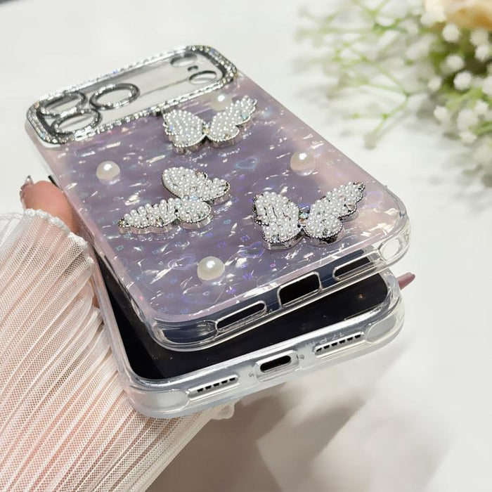 Funda para teléfono con textura de concha, mariposa de perlas 3D y purpurina de diamantes, For iPhone 17 Pro Max, For iPhone 16 Pro Max, For iPhone 17 Pro, For iPhone 16 Pro, For iPhone Air, For iPhone 16 Plus, For iPhone 16, For iPhone 15 Pro Max     ...