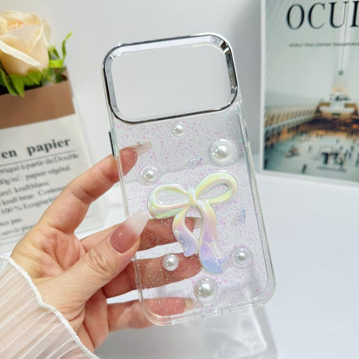 Funda para teléfono de TPU con diseño de lazo 3D, perlas y flores de amor, For iPhone 17 Pro Max, For iPhone 17 Pro, For iPhone 17, For iPhone Air