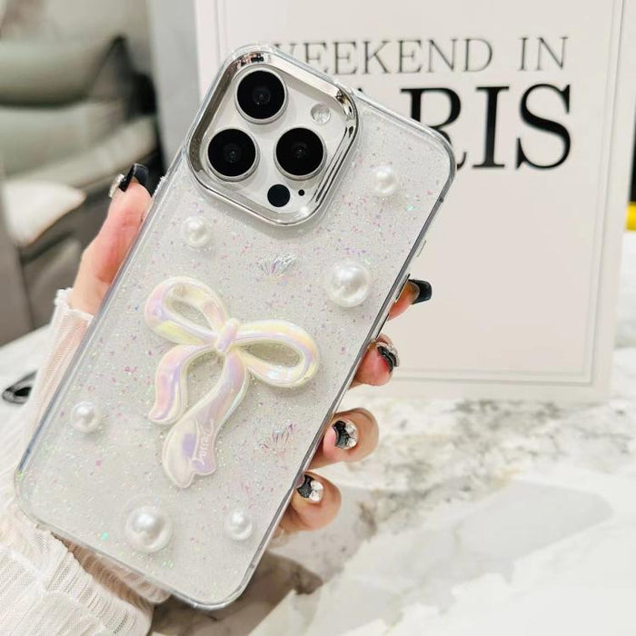 Funda para teléfono de TPU con diseño de lazo 3D, perlas y flores de amor, For iPhone 17 Pro Max, For iPhone 17 Pro, For iPhone 17, For iPhone Air