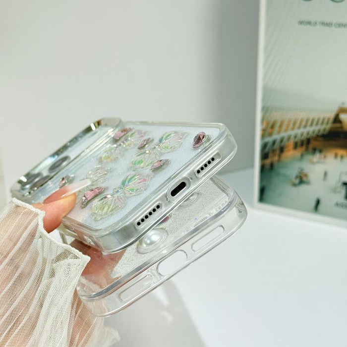 Funda para teléfono de TPU con diseño de lazo 3D, perlas y flores de amor, For iPhone 17 Pro Max, For iPhone 17 Pro, For iPhone 17, For iPhone Air