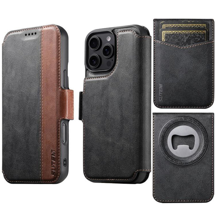 Funda para teléfono Suteni Q07S5 3 en 1 desmontable con abridor de botellas, tarjetero y cierre magnético, fabricada en piel vegana con empalme izquierdo y derecho., For iPhone 17 Pro Max, For iPhone 17 Pro, For iPhone 17, For iPhone Air               ...
