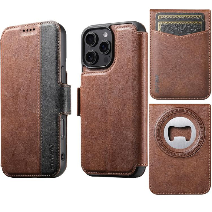 Funda para teléfono Suteni Q07S5 3 en 1 desmontable con abridor de botellas, tarjetero y cierre magnético, fabricada en piel vegana con empalme izquierdo y derecho., For iPhone 17 Pro Max, For iPhone 17 Pro, For iPhone 17, For iPhone Air               ...