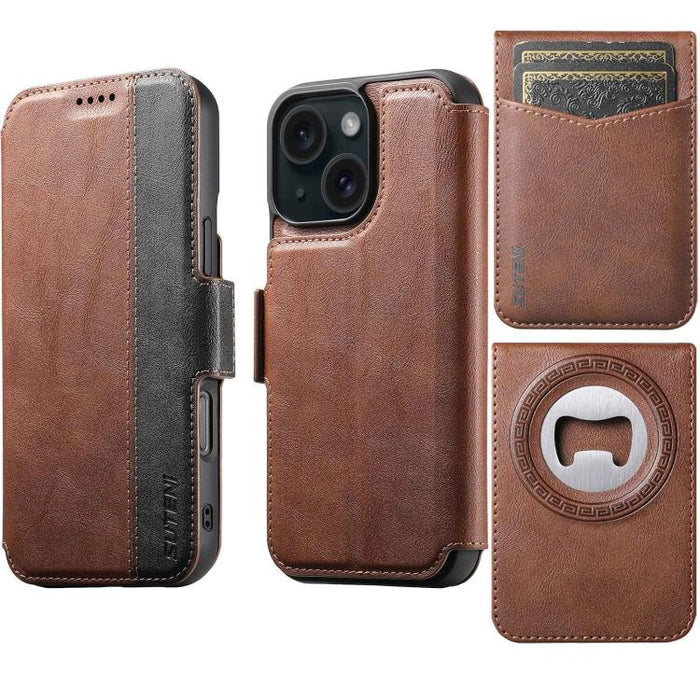 Funda para teléfono Suteni Q07S5 3 en 1 desmontable con abridor de botellas, tarjetero y cierre magnético, fabricada en piel vegana con empalme izquierdo y derecho., For iPhone 17 Pro Max, For iPhone 17 Pro, For iPhone 17, For iPhone Air               ...