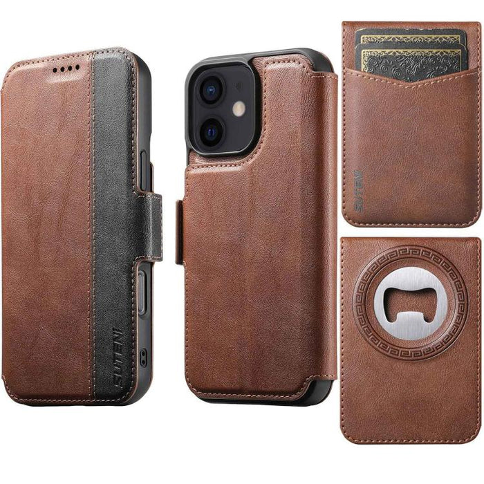 Funda para teléfono Suteni Q07S5 3 en 1 desmontable con abridor de botellas, tarjetero y cierre magnético, fabricada en piel vegana con empalme izquierdo y derecho., For iPhone 17 Pro Max, For iPhone 17 Pro, For iPhone 17, For iPhone Air               ...