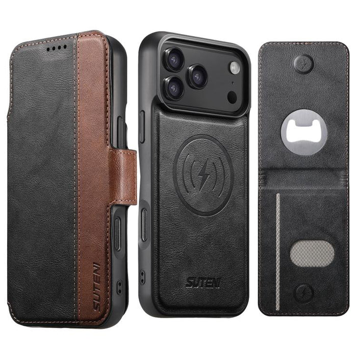 Funda para teléfono Suteni Q07S5 3 en 1 desmontable con abridor de botellas, tarjetero y cierre magnético, fabricada en piel vegana con empalme izquierdo y derecho., For iPhone 17 Pro Max, For iPhone 17 Pro, For iPhone 17, For iPhone Air               ...