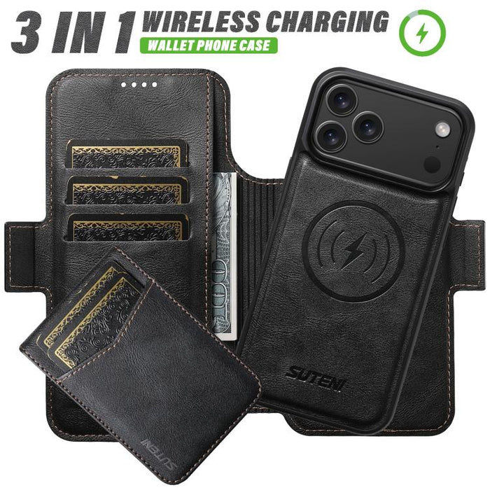 Funda para teléfono Suteni Q07S5 3 en 1 desmontable con abridor de botellas, tarjetero y cierre magnético, fabricada en piel vegana con empalme izquierdo y derecho., For iPhone 17 Pro Max, For iPhone 17 Pro, For iPhone 17, For iPhone Air               ...