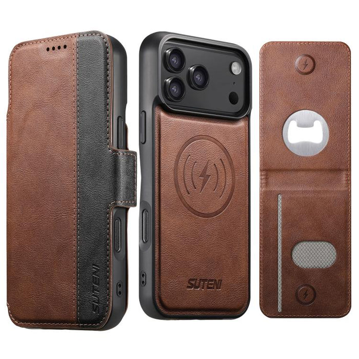 Funda para teléfono Suteni Q07S5 3 en 1 desmontable con abridor de botellas, tarjetero y cierre magnético, fabricada en piel vegana con empalme izquierdo y derecho., For iPhone 17 Pro Max, For iPhone 17 Pro, For iPhone 17, For iPhone Air               ...
