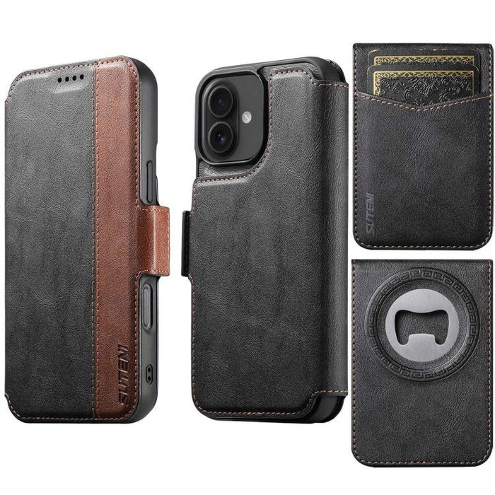 Funda para teléfono Suteni Q07S5 3 en 1 desmontable con abridor de botellas, tarjetero y cierre magnético, fabricada en piel vegana con empalme izquierdo y derecho., For iPhone 17 Pro Max, For iPhone 17 Pro, For iPhone 17, For iPhone Air               ...