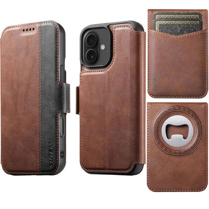 Funda para teléfono Suteni Q07S5 3 en 1 desmontable con abridor de botellas, tarjetero y cierre magnético, fabricada en piel vegana con empalme izquierdo y derecho., For iPhone 17 Pro Max, For iPhone 17 Pro, For iPhone 17, For iPhone Air               ...