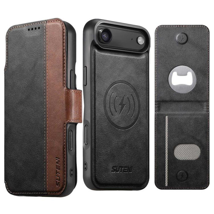 Funda para teléfono Suteni Q07S5 3 en 1 desmontable con abridor de botellas, tarjetero y cierre magnético, fabricada en piel vegana con empalme izquierdo y derecho., For iPhone 17 Pro Max, For iPhone 17 Pro, For iPhone 17, For iPhone Air               ...
