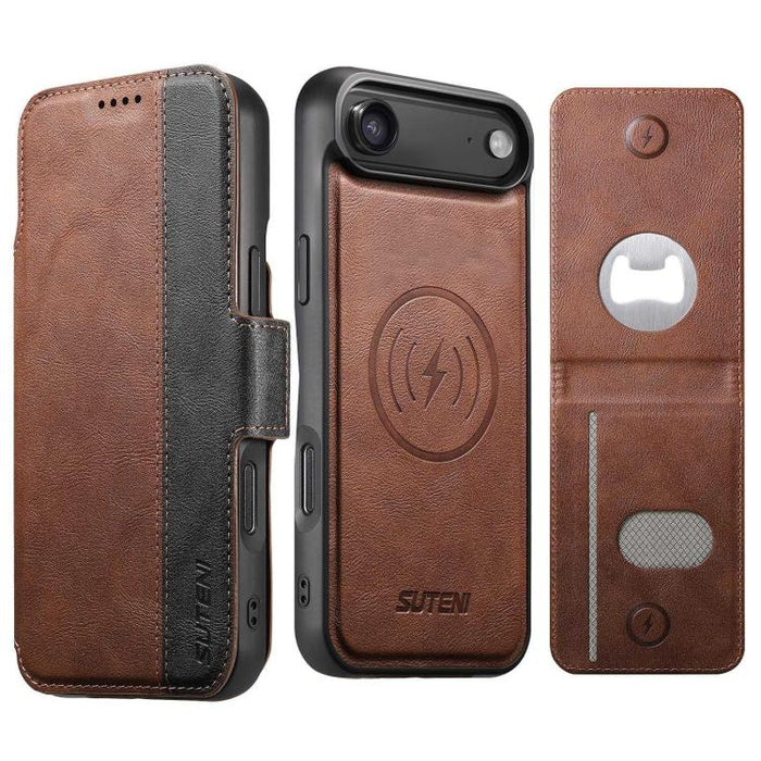 Funda para teléfono Suteni Q07S5 3 en 1 desmontable con abridor de botellas, tarjetero y cierre magnético, fabricada en piel vegana con empalme izquierdo y derecho., For iPhone 17 Pro Max, For iPhone 17 Pro, For iPhone 17, For iPhone Air               ...
