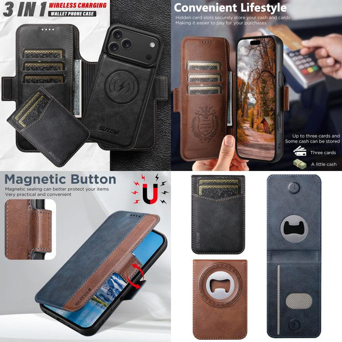 Funda para teléfono Suteni Q07S5 3 en 1 desmontable con abridor de botellas, tarjetero y cierre magnético, fabricada en piel vegana con empalme izquierdo y derecho., For iPhone 17 Pro Max, For iPhone 17 Pro, For iPhone 17, For iPhone Air               ...