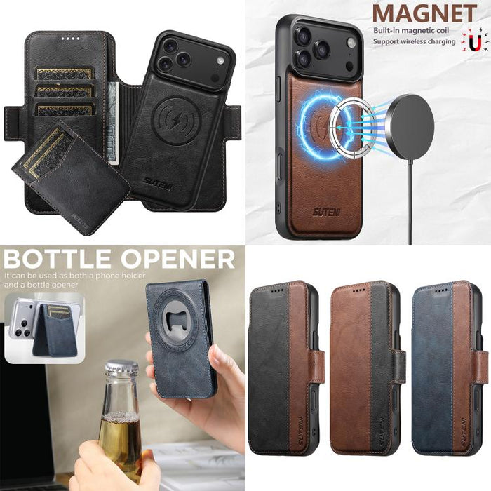 Funda para teléfono Suteni Q07S5 3 en 1 desmontable con abridor de botellas, tarjetero y cierre magnético, fabricada en piel vegana con empalme izquierdo y derecho., For iPhone 17 Pro Max, For iPhone 17 Pro, For iPhone 17, For iPhone Air               ...
