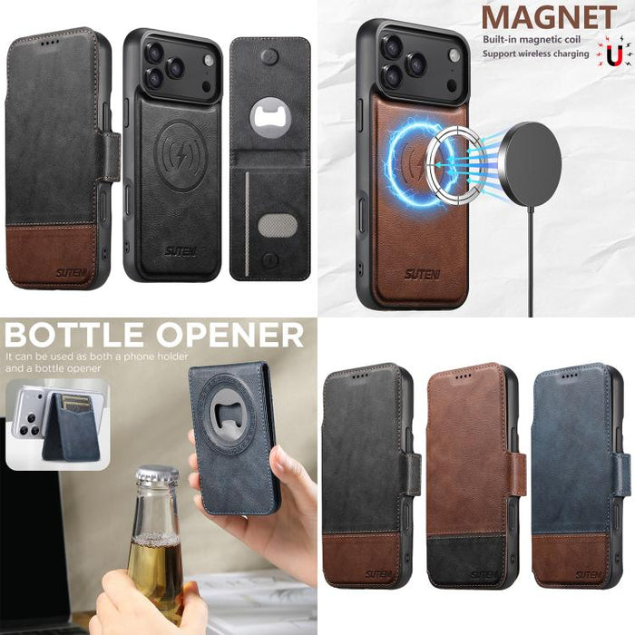 Funda para teléfono Suteni Q06S5 3 en 1 con abrebotellas desmontable, tarjetero, cierre magnético superior e inferior, fabricada en piel vegana., For iPhone 17 Pro Max, For iPhone 17 Pro, For iPhone 17, For iPhone Air, For iPhone 16 Pro Max            ...