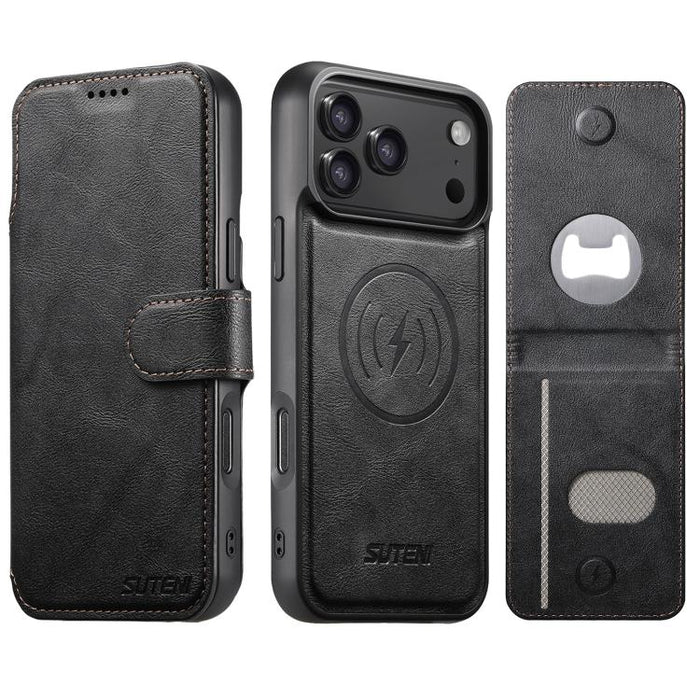 Funda para teléfono Suteni Q05S5 3 en 1 con abridor de botellas desmontable, tarjetero magnético, piel de vacuno y piel vegana., For iPhone 17 Pro Max, For iPhone 17 Pro, For iPhone 17, For iPhone Air, For iPhone 16 Pro Max, For iPhone 16 Pro          ...