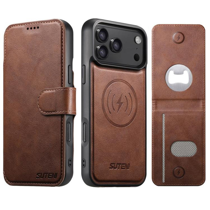 Funda para teléfono Suteni Q05S5 3 en 1 con abridor de botellas desmontable, tarjetero magnético, piel de vacuno y piel vegana., For iPhone 17 Pro Max, For iPhone 17 Pro, For iPhone 17, For iPhone Air, For iPhone 16 Pro Max, For iPhone 16 Pro          ...