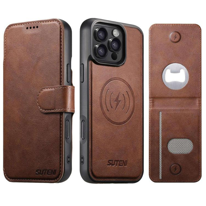 Funda para teléfono Suteni Q05S5 3 en 1 con abridor de botellas desmontable, tarjetero magnético, piel de vacuno y piel vegana., For iPhone 17 Pro Max, For iPhone 17 Pro, For iPhone 17, For iPhone Air, For iPhone 16 Pro Max, For iPhone 16 Pro          ...