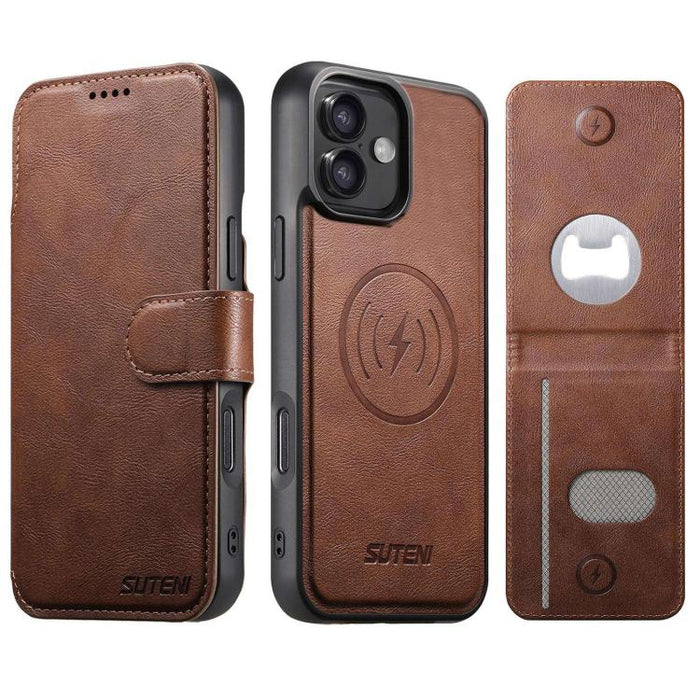 Funda para teléfono Suteni Q05S5 3 en 1 con abridor de botellas desmontable, tarjetero magnético, piel de vacuno y piel vegana., For iPhone 17 Pro Max, For iPhone 17 Pro, For iPhone 17, For iPhone Air, For iPhone 16 Pro Max, For iPhone 16 Pro          ...