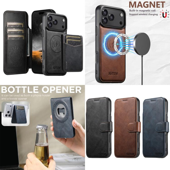 Funda para teléfono Suteni Q05S5 3 en 1 con abridor de botellas desmontable, tarjetero magnético, piel de vacuno y piel vegana., For iPhone 17 Pro Max, For iPhone 17 Pro, For iPhone 17, For iPhone Air, For iPhone 16 Pro Max, For iPhone 16 Pro          ...