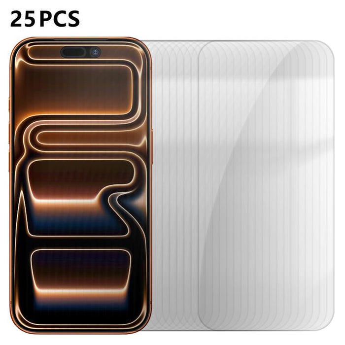 25 láminas de vidrio templado HD antihuellas de aluminio de alta calidad con protección semitransparente., For iPhone 17e / 16e, For iPhone 17 Pro Max, For iPhone 17 Pro, For iPhone 17, For iPhone Air, For iPhone 16 Pro Max, For iPhone 16 Pro          ...