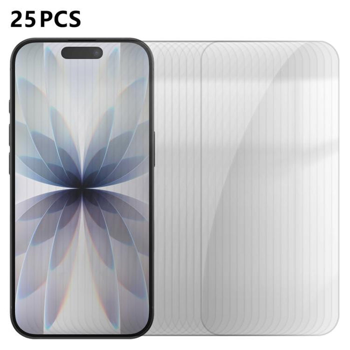 25 láminas de vidrio templado HD antihuellas de aluminio de alta calidad con protección semitransparente., For iPhone 17e / 16e, For iPhone 17 Pro Max, For iPhone 17 Pro, For iPhone 17, For iPhone Air, For iPhone 16 Pro Max, For iPhone 16 Pro          ...