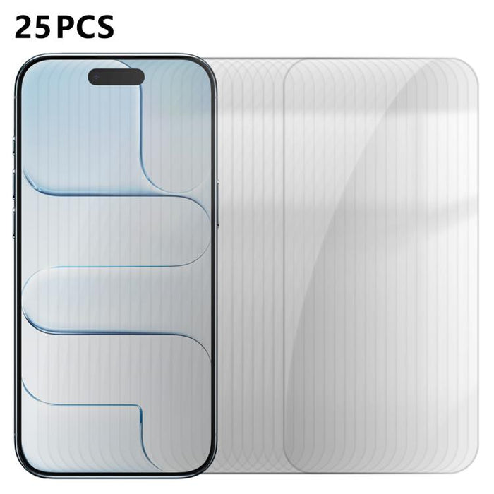 25 láminas de vidrio templado HD antihuellas de aluminio de alta calidad con protección semitransparente., For iPhone 17e / 16e, For iPhone 17 Pro Max, For iPhone 17 Pro, For iPhone 17, For iPhone Air, For iPhone 16 Pro Max, For iPhone 16 Pro          ...