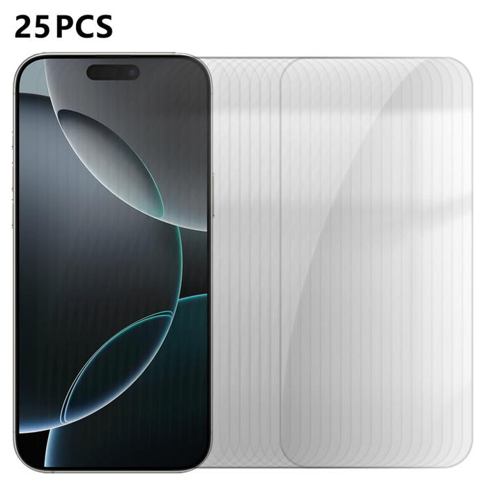 25 láminas de vidrio templado HD antihuellas de aluminio de alta calidad con protección semitransparente., For iPhone 17e / 16e, For iPhone 17 Pro Max, For iPhone 17 Pro, For iPhone 17, For iPhone Air, For iPhone 16 Pro Max, For iPhone 16 Pro          ...